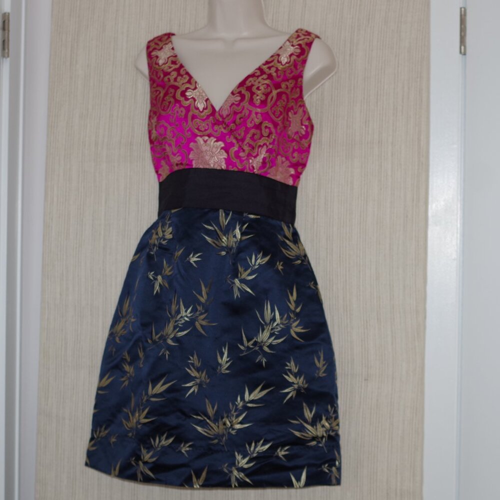 Phoebe couture Asian Pink BLue Gold Inspired Sleeveless V Neck Dress Size 8